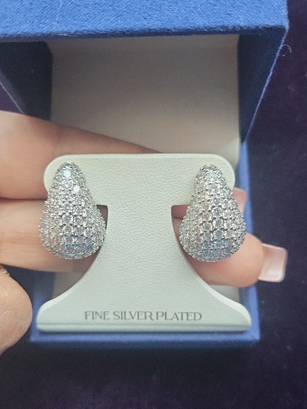 Fine Silver-Plated Pavé Teardrop Earrings - Silver